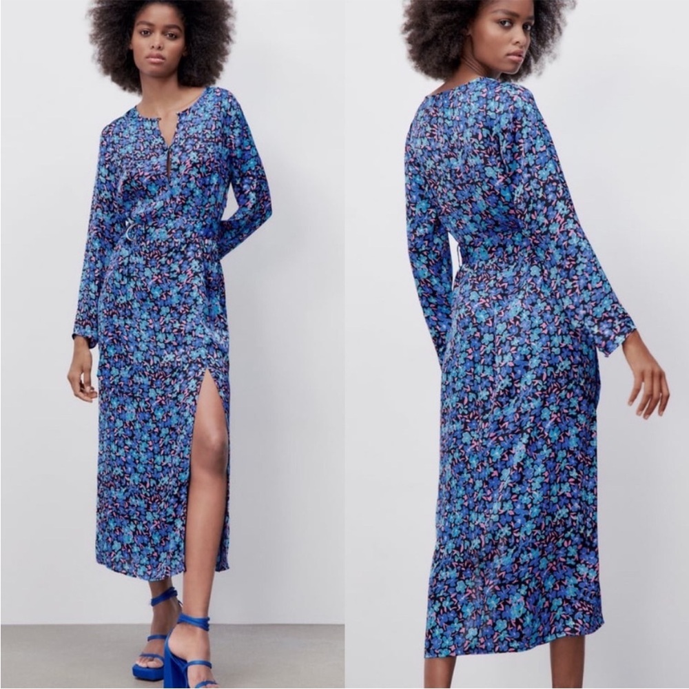 Zara FLORAL PRINT DRESS LONG SLEEVE SLIT BLUE SIZE‎ small